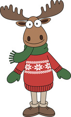 Cheerful Cartoon Blue Penguin Character Wearing a Red Santa Hat and Scarf, Joyfully Holding a Christmas Wreath with a Red Bow, Winter Holiday Vector Illustration.