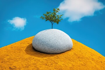 Tree atop stone on yellow hill, blue sky