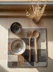 Minimalist table setting, top view with warm light