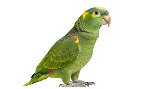 Isolated Yellow-crowned Amazon parrot stands tall, displaying its bright plumage of yellow and green