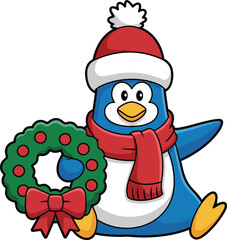 Distressed Cartoon Penguin Character in a Red Christmas Sweater and Santa Hat, Crying Tears While Sitting, Unhappy Holiday Vector Illustration for Winter or Humor Design.
