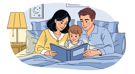 Family bedtime story reading together illustration for children's book parents and child bonding time fun