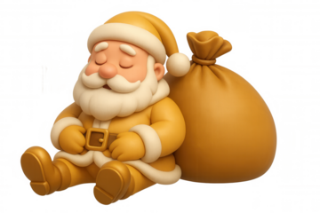 Cute santa claus in gold costume relaxing and sleeping, leaning on a christmas gift bag with transparent background