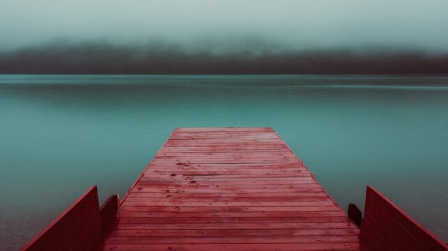 Red Wooden Pier Extending into a Misty, Teal Lake with Foggy Mountains dock jetty