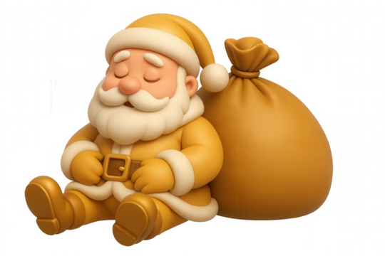 Cute santa claus in gold costume relaxing and sleeping, leaning on a christmas gift bag with transparent background