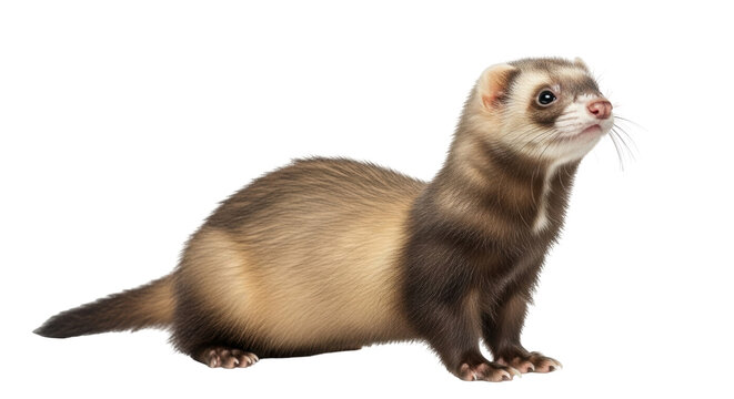 Isolated ferret sitting and looking up in a cute and curious way on a seamless background