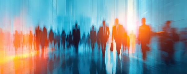 Obraz premium A dynamic scene depicting blurred silhouettes of people walking in a modern, brightly lit environment, conveying a sense of movement and energy.