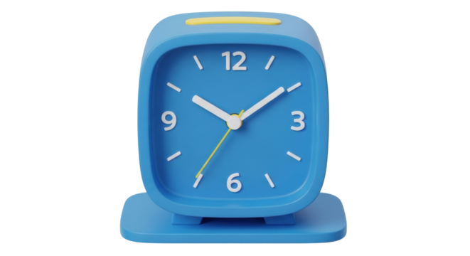 Isolated blue alarm clock indicating the time nine o'clock and eight minutes in the morning