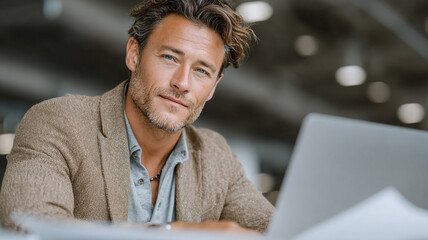 Confident businessman portrait thoughtful focus leadership professional success determination workplace