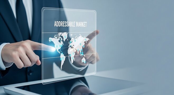 Businessman Analyzing Global Addressable Market on Virtual Interactive Screen