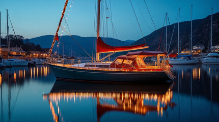 Sailboat moored in a quiet marina on a still lake decorated for Christmas