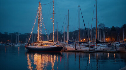 Sailboat moored in a quiet marina on a still lake decorated for Christmas