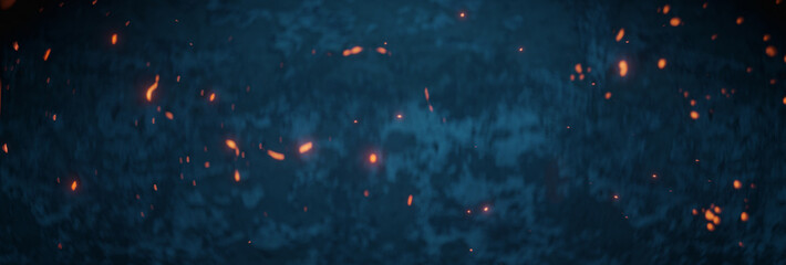 3d rendering of anamorphic bokeh background with flying fire particles in front of concrete blue wall