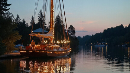 Sailboat moored in a quiet marina on a still lake decorated for Christmas
