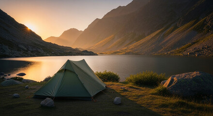 Serene mountain lake camping scene at sunrise with a lone tent bathed in warm golden light creating an adventurous escape