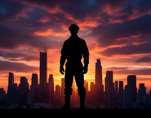 Fototapeta premium Silhouette of Soldier Against Urban Sunset Skyline Background