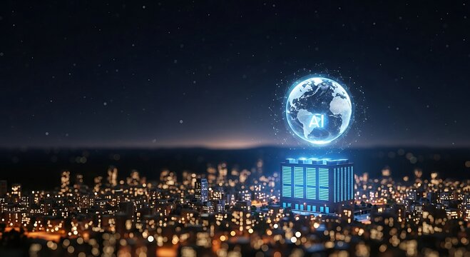 AI Earth Globe Projection over Modern Cityscape at Night