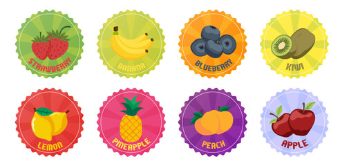 Set of food fruit label. Stickers with organic apple, banana, peach, kiwi, ananas, fresh natural, with fruits and berries for supermarket. Vector market stickers set