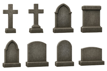 Collection of eight weathered gray stone grave markers and crosses on a checkered background tombstone isolated on a transparent background