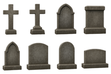 Collection of eight weathered gray stone grave markers and crosses on a checkered background tombstone isolated on a transparent background