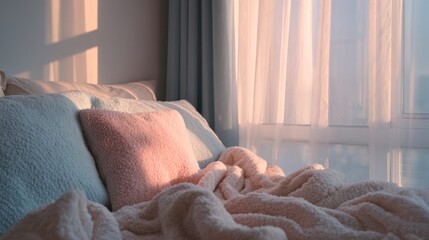 Cozy Bedroom Bed with Soft Pastel Cushions and Blanket Bathed in Warm Morning Sunlight
