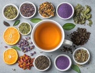 Tea cup surrounded by various dry tea types