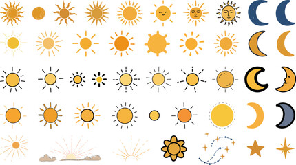 Collection of suns and moons in various styles on transparent background  
