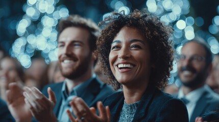 Christmas Eve work style. Diverse group of people smiling and applauding at an event or presentation.