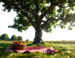 Minimalist Summer Oak Tree with Picnic Elements Isolated PNG