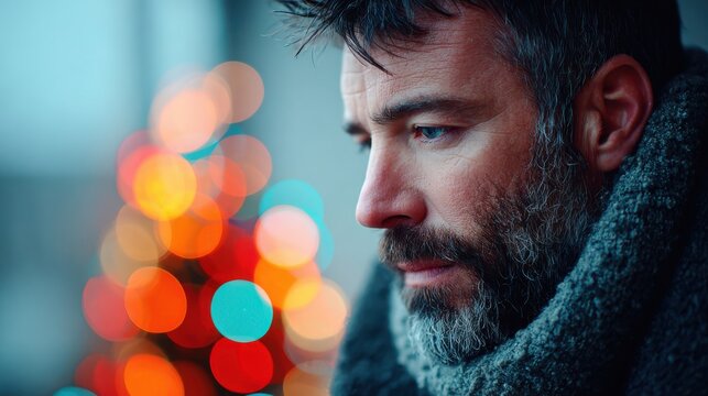 Christmas Eve work style. Contemplative man with beard wearing scarf, colorful blurred lights in background