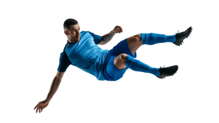 A soccer player soaring through the air during a dynamic kick.
