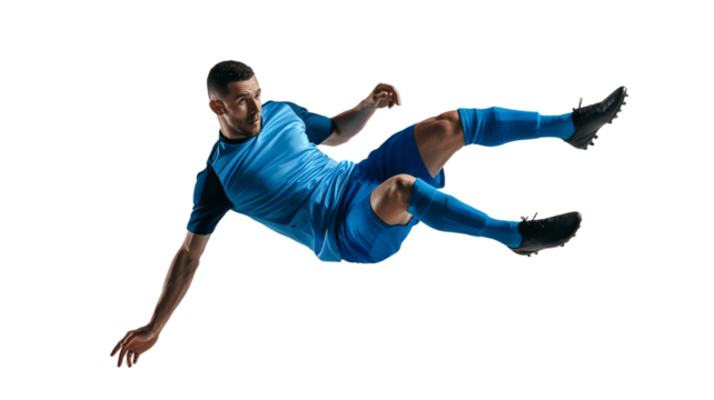 A soccer player soaring through the air during a dynamic kick.