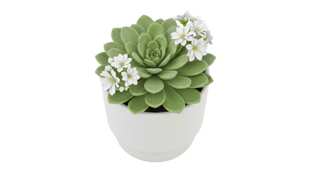 Isolated succulent plant with flowers in a pot for indoor, home decor or houseplants lovers