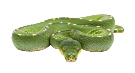 Isolated Green Tree Python coiled, looking forward on seamless surface, eye contact, no background