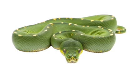 Isolated Green Tree Python coiled, looking forward on seamless surface, eye contact, no background