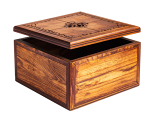 Angled Perspective of Antique Puzzle Box with Open Maze Lid, isolated transparent background PNG