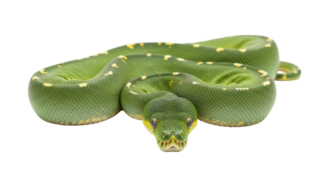 Isolated Green Tree Python coiled, looking forward on seamless surface, eye contact, no background