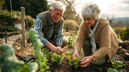 A couple gardening in their backyard