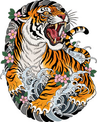 Japanese Tiger Tattoo with Waves and Cherry Blossom Vector Illustration