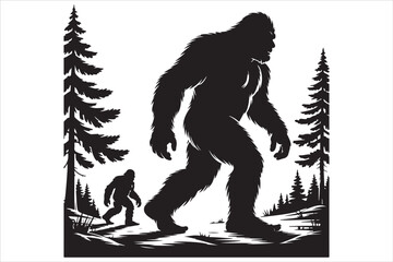 Fototapeta premium Bigfoot Silhouette Walking in Forest.