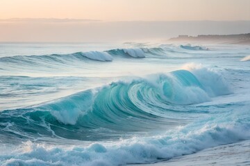 The image displays a scene of ocean waves crashing near the coast under a pastel-colored