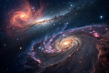 The image showcases a dazzling view of two galaxies, intertwining in the vast expanse of