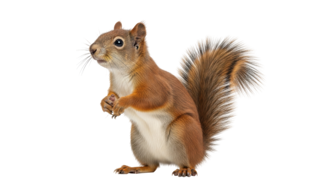 Isolated Eurasian Red Squirrel standing up curious, ready to eat holding nuts in paws
