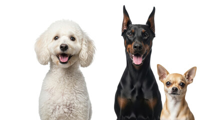 Isolated dog group portrait, three diverse pets smiling on a neutral backdrop, candid look