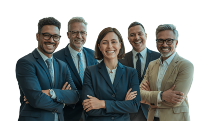 Five diverse professionals pose with confidence, radiating success.