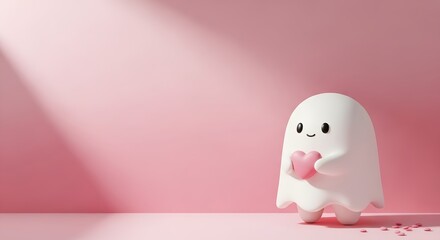 Cute little ghost character holding a pink heart, with soft pink background and light rays, perfect for valentines day or cute concepts