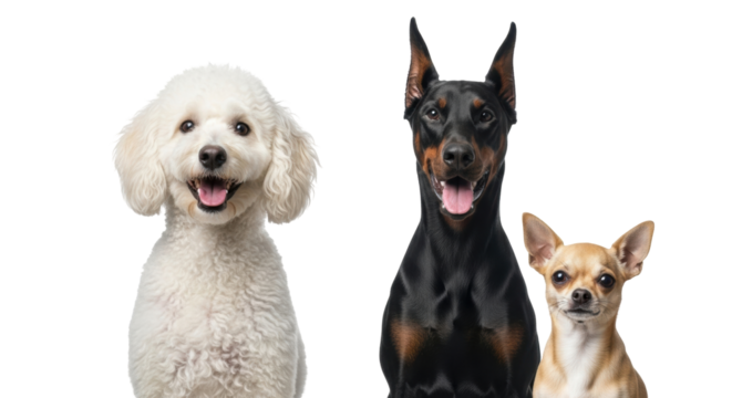 Isolated dog group portrait, three diverse pets smiling on a neutral backdrop, candid look