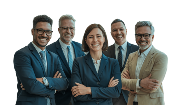 Five diverse professionals pose with confidence, radiating success.