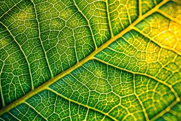 The image captures a close-up shot of a green leaf, showcasing its intricate vein