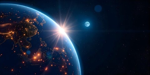 Planet Earth with city lights at night, sun rising over the horizon, a network of interconnected lines, sand tars in the background